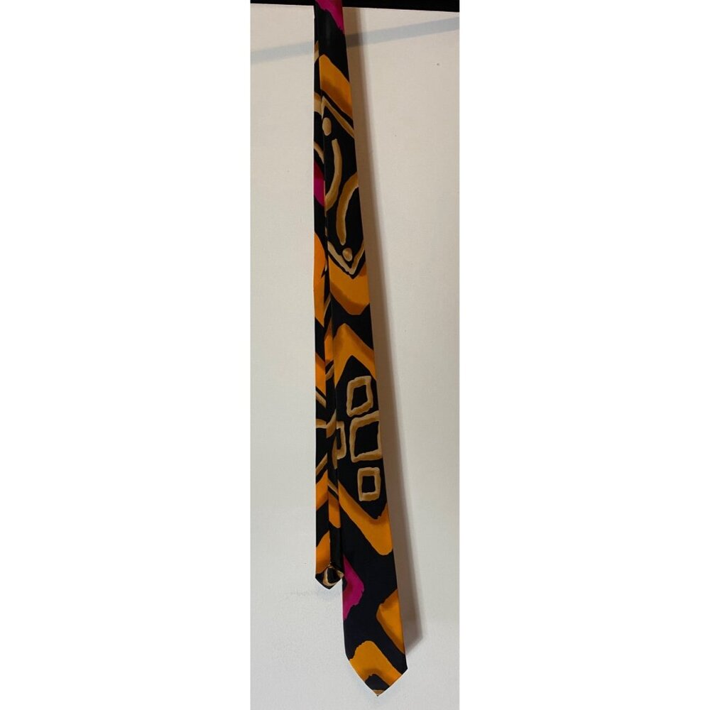 Italian Pure Silk Tie Abstract Yellow & Black Design With Pink Accents